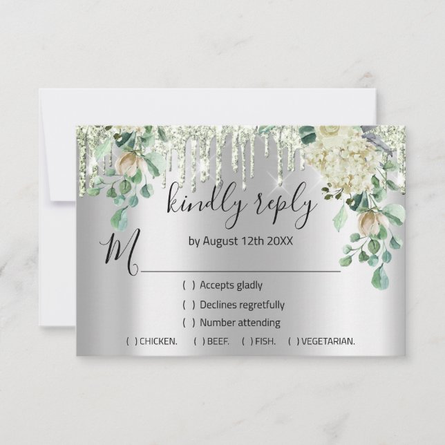 UAWG Silver Wedding Glitzer Bridal Mint Gree Tropf RSVP Karte (Vorderseite)
