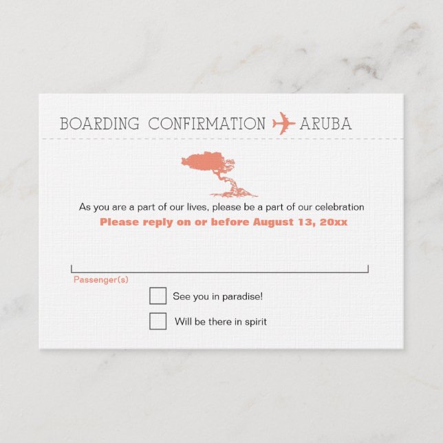 UAWG to Aruba Boarding Pass RSVP Karte (Vorderseite)