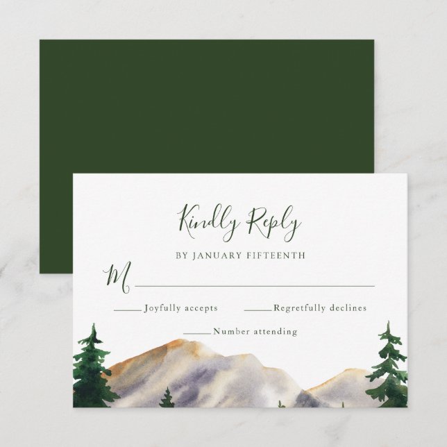 UAWG Wasserfarbe Rustikale Berge Grüne Hochzeit RSVP Karte (Vorne/Hinten)