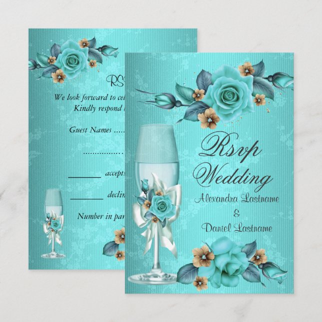UAWG Wedding Aquamarin Blue Champagne Rose Blume Einladung (Vorne/Hinten)