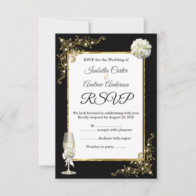 UAWG Wedding Black Champagne Gold Pearl RSVP Karte (Vorderseite)