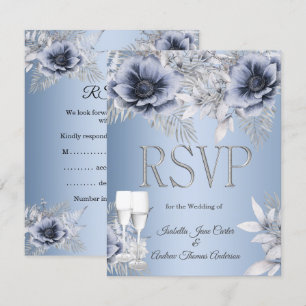 UAWG Wedding Blue Silver Floral Bouquet Champagne RSVP Karte