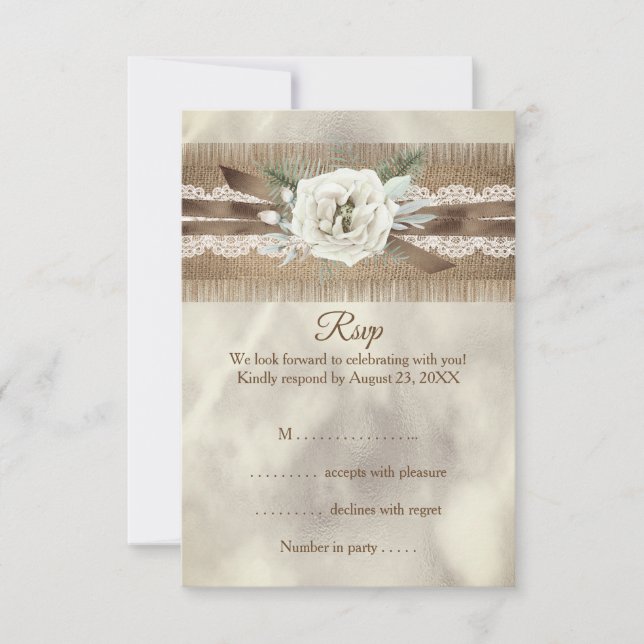 UAWG Wedding Burlap Beige White Rose Lace Bow RSVP Karte (Vorderseite)