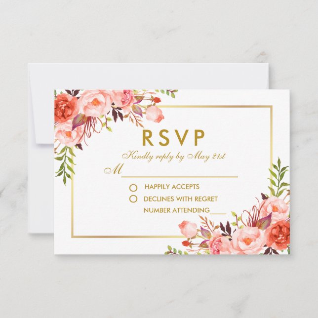 UAwg Wedding Coral Floral Gold RSVP Karte (Vorderseite)