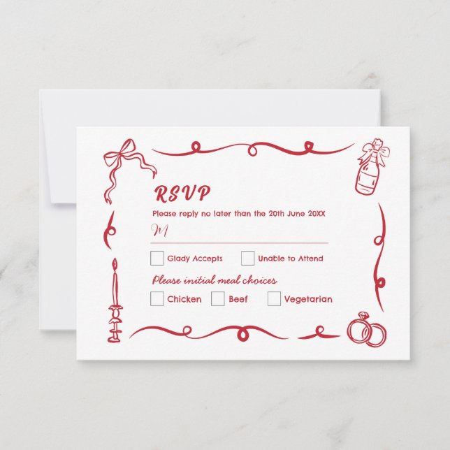 UAWG Wedding Hand Drawn Whimsical Red Einladung (Vorderseite)