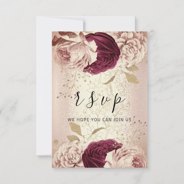 UAWG Wedding Marsala Florals Rose PinkGlam RSVP Karte (Rückseite)
