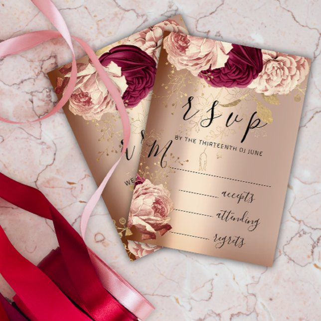 UAWG Wedding Marsala Florals Rose Rosa RSVP Karte (RSVP Wedding Marsala Florals Roses Pink)