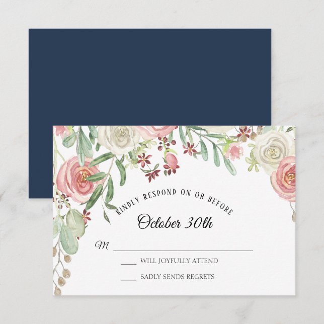 UAWG Wedding Navy Blush Elfenbein Rose Blumenmuste Einladung (Vorne/Hinten)