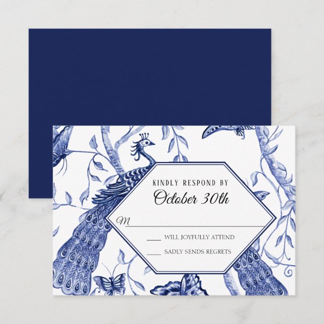 UAWG Wedding Navy Chinoiserie Peacock Butterflies Einladung (Vorne/Hinten)