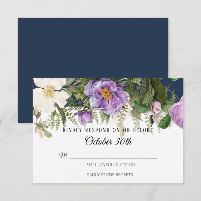 UAWG Wedding Navy Lila Ivory Rose Peony Ferns Einladung (Vorne/Hinten)