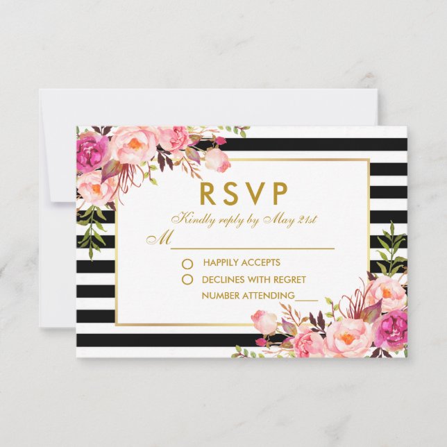 UAwg Wedding Rosa Blush Gold Black Stripes RSVP Karte (Vorderseite)
