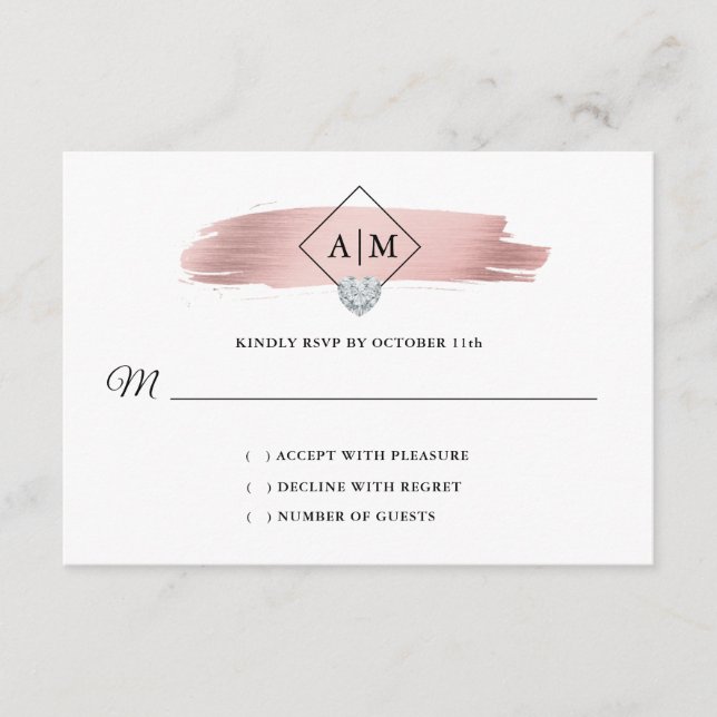 UAWG Wedding Rose Gold Foil Heart Monogramme Begleitkarte (Vorderseite)