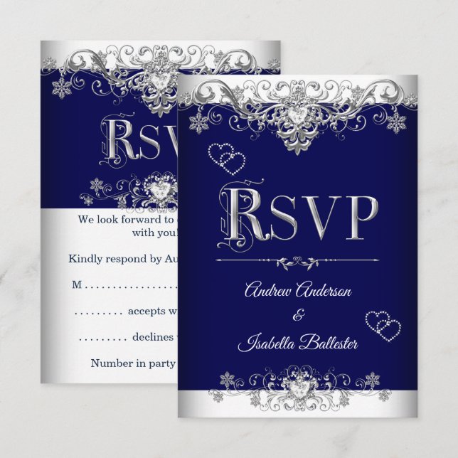 UAWG Wedding Royal Blue Silver Diamond Hearts Einladung (Vorne/Hinten)