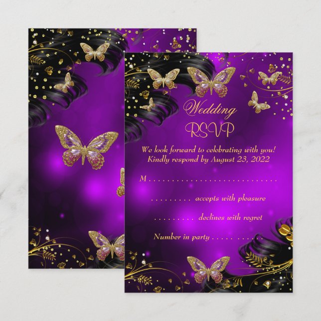 UAWG Wedding Sparkle lila Gold Black Butterfly RSVP Karte (Vorne/Hinten)