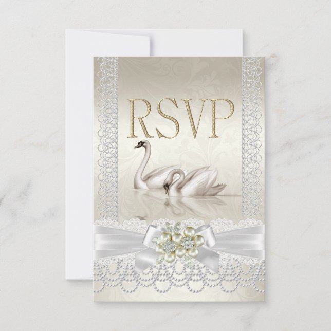 UAWG Wedding Swans White Pearl Lace Damask RSVP Karte (Vorderseite)