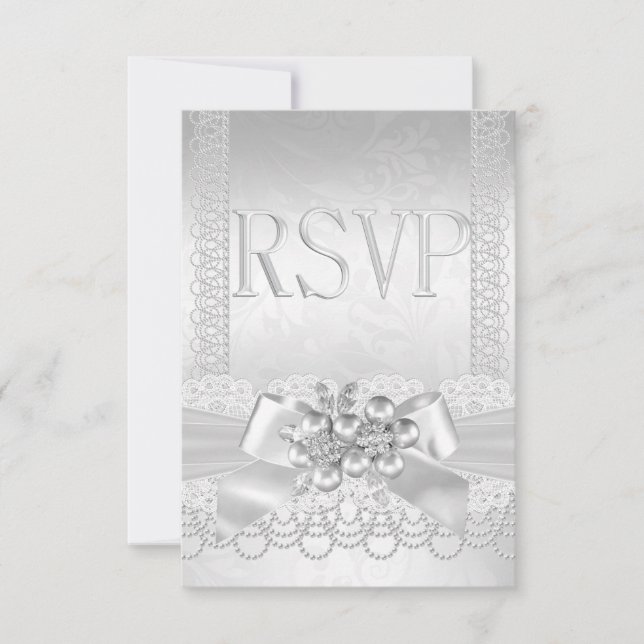 UAWG Wedding White Silver Pearl Lace Damask RSVP Karte (Vorderseite)