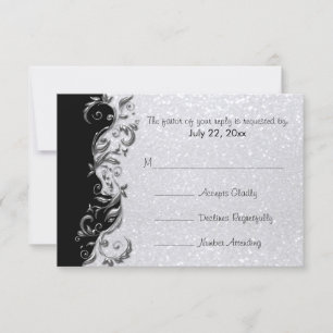 UAWG White Glitzer, Black & Silver Floral Wedding RSVP Karte