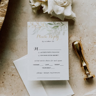 UAwg zum Hochzeitsmenü in Gold Green Foliage RSVP Karte