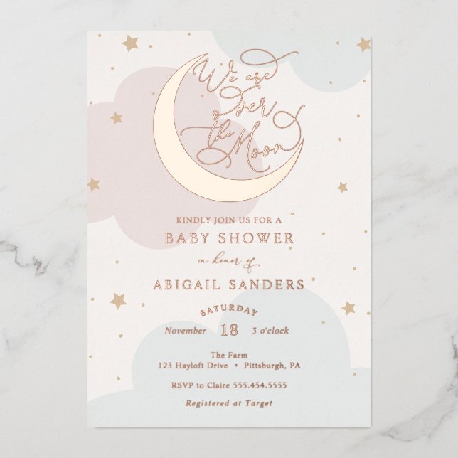 Über dem Gold Moon Rosa und Blue Baby Dusche Folieneinladung (Vorderseite)