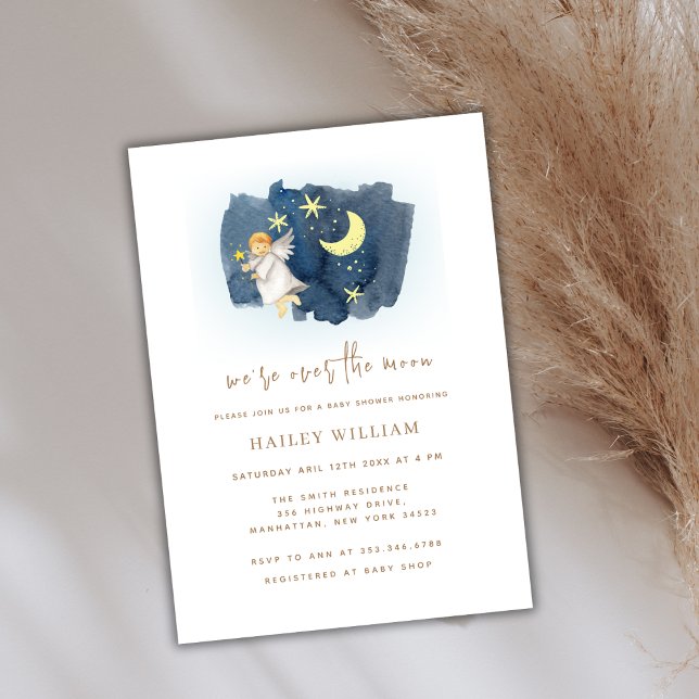 Über dem Mond Angel Moon Star Babydusche Einladung (Over The Moon Angel Moon Star Baby Shower Invitation)