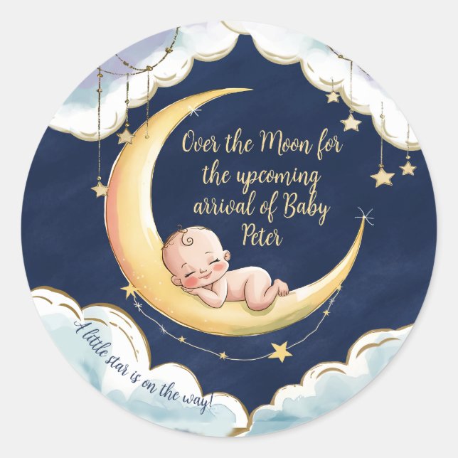 Über dem Mond Baby Celestial-Themed Baby Dusche Runder Aufkleber (Vorderseite)