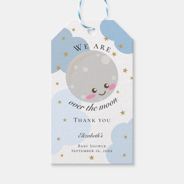 Über dem Mond Baby Dusche Blue Niedlich Gold Kawai Geschenkanhänger (Vorderseite)