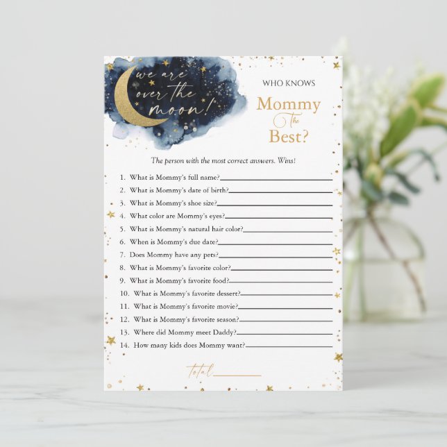 Über dem Mond Baby Shower Game, das Mama Fly kennt Einladung (Stehend Vorderseite)