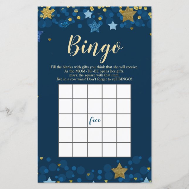 Über dem Mond Baby Shower Gold Glitzer Bingo Games (Vorderseite)