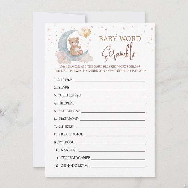 Über dem Mond Baby Shower Word Scramble Game Card Einladung (Vorderseite)