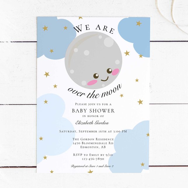 Über dem Mond Babydusche Blue Niedlich Gold Kawaii Einladung (Von Creator hochgeladen)