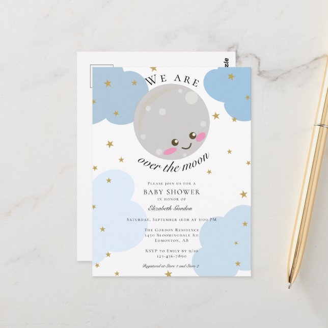 Über dem Mond Babydusche Blue Niedlich Kawaii Postkarte (Vorderseite/Rückseite Beispiel)