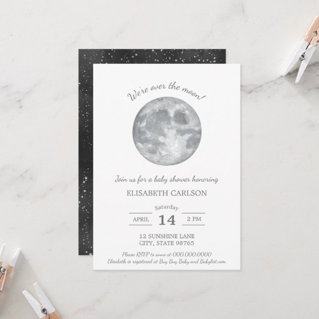 Über dem Mond Babydusche Einladung neutral (Vorderseite/Rückseite Beispiel)