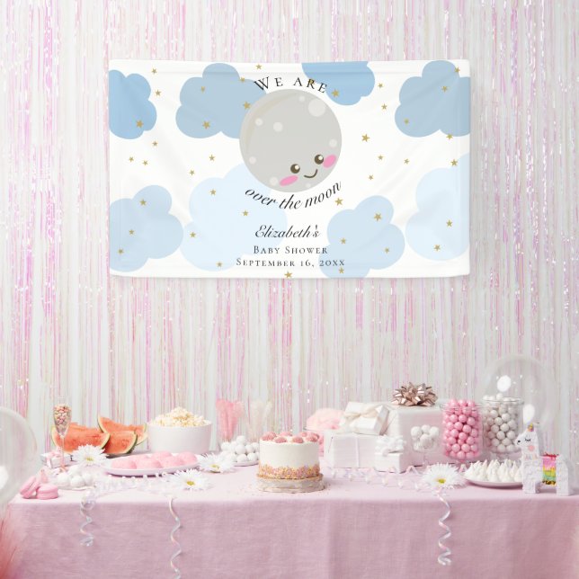 Über dem Mond Babydusche Niedlicher Hintergrund bl Banner (Party)