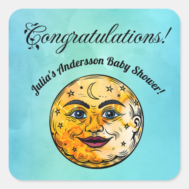 Über dem Mond Babyduschenfest Quadratischer Aufkleber (Vorderseite)