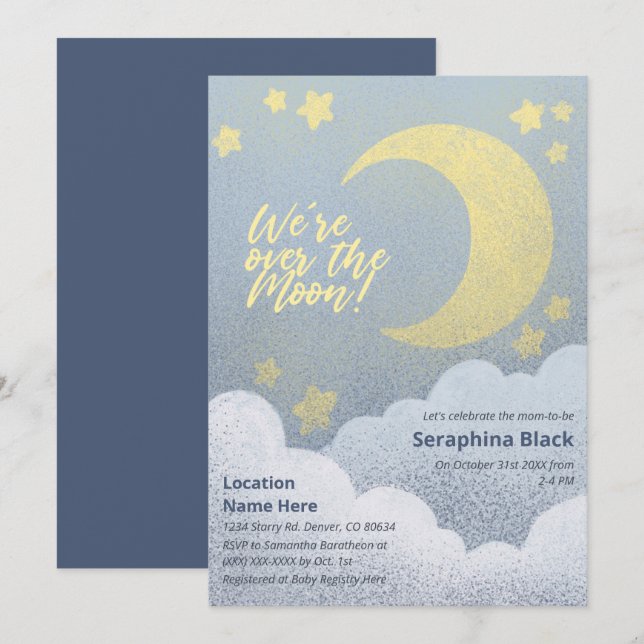 Über dem Mond Babyduschenstars und Wolken Einladung (Vorne/Hinten)