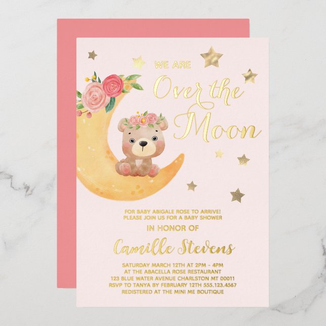 Über dem Mond Bear Blush Baby Duschmädchen Folieneinladung (Vorderseite/Rückseite)