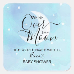 Über dem Mond Blau Danke, Baby Dusche Quadratischer Aufkleber