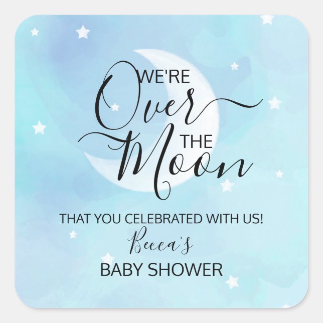 Über dem Mond Blau Danke, Baby Dusche Quadratischer Aufkleber (Vorderseite)