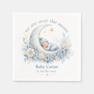 Über dem Mond Blaue Babyparty mit individuellem Na Serviette