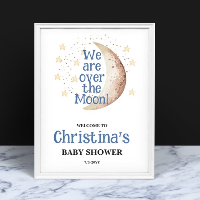 Über dem Mond Blue Baby Dusche Begrüßungszeichen Poster (Von Creator hochgeladen)