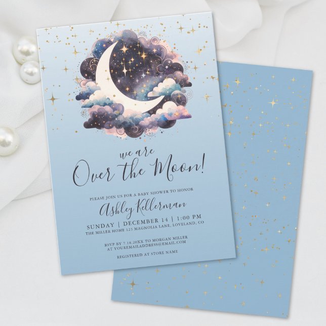 Über dem Mond Blue Baby Dusche Einladung (Over The Moon Blue Baby Shower Invitation)