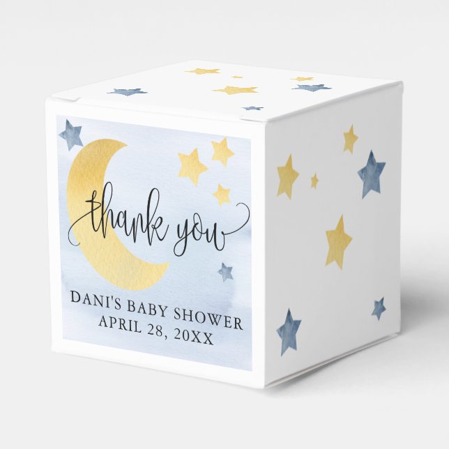 Über dem Mond, Blue Baby Shower Moon Stars Kleine Geschenkschachtel (Vorderseite)