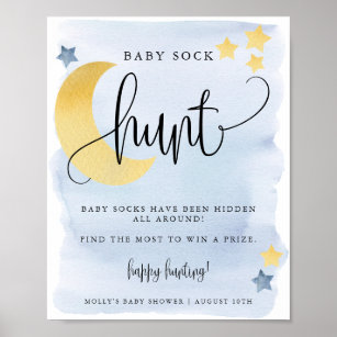 Über dem Mond, Blue Baby Shower Sock Hunt Game Poster