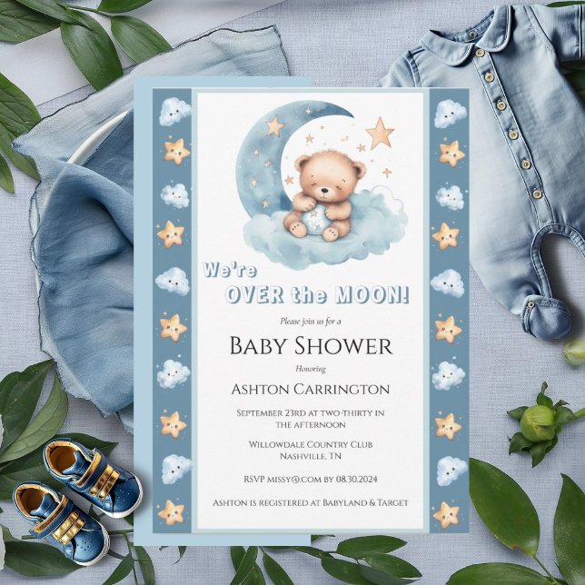 Über dem Mond Blue Bear Watercolor Babydusche Einladung (Von Creator hochgeladen)