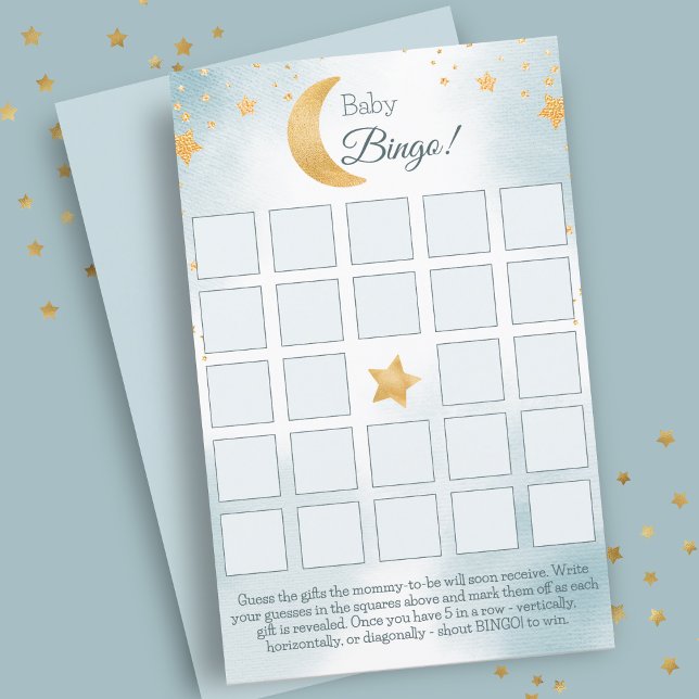 Über dem Mond Blue Boy Baby Duschbingokarte (Over the Moon Blue Boy Baby Shower Bingo Card)