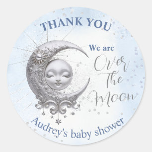 Über dem Mond Blue Boy Baby Dusche Runder Aufkleber