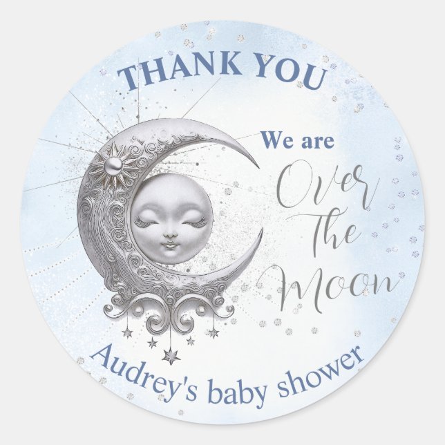 Über dem Mond Blue Boy Baby Dusche Runder Aufkleber (Vorderseite)