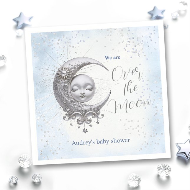 Über dem Mond Blue Boy Babydusche Napkins Serviette (Over The Moon Blue Boy Baby Shower Napkins)