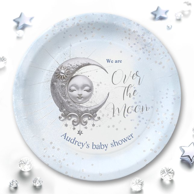 Über dem Mond Blue Boy Babydusche Teller (Over The Moon Blue Boy Baby Shower Paper Plates)