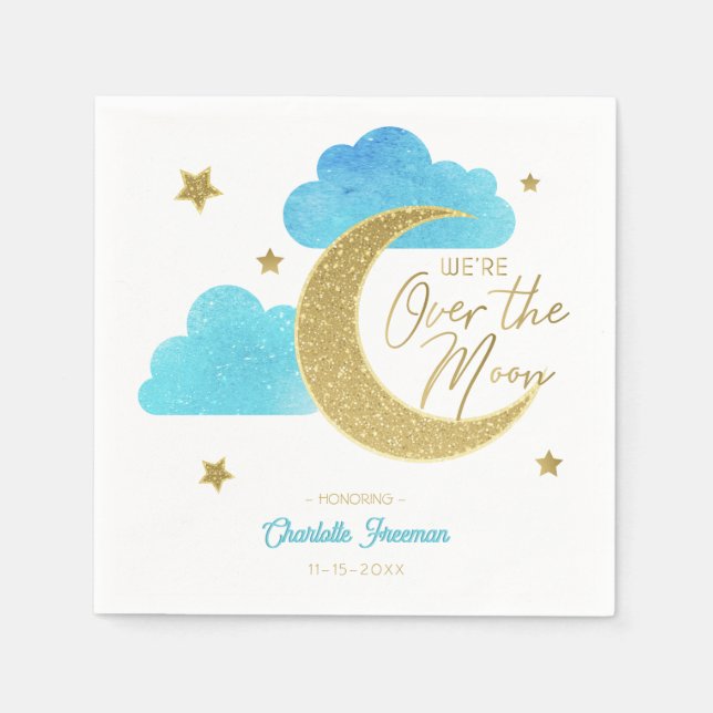 Über dem Mond Blue & Gold Baby Dusche Napkins Serviette (Vorderseite)